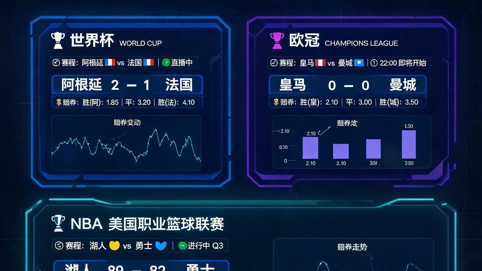 开云Kaiyun体育数据大屏实时显示世界杯、欧冠和NBA赛程、比分及动态赔率图表，深色界面科技感十足